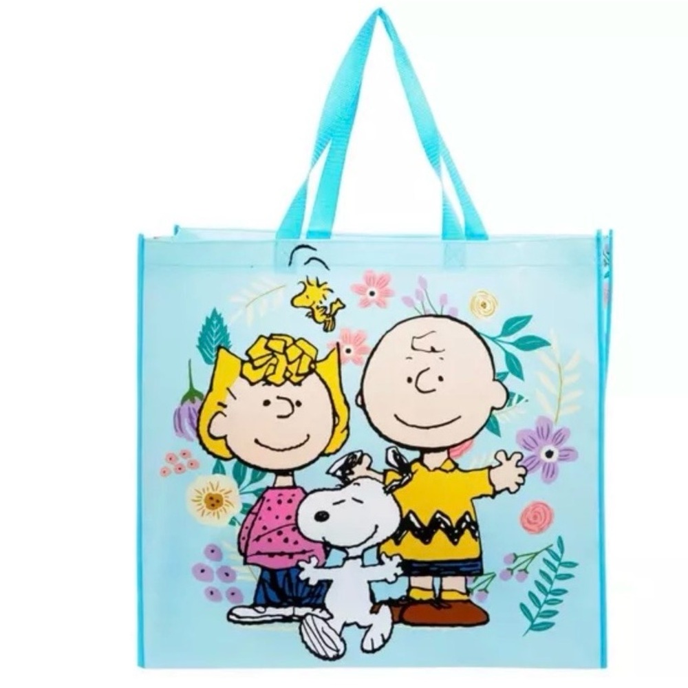Peanuts Charlie Brown,Sally & Snoopy Reusable Blue-Floral Tote Bag size XL NWT